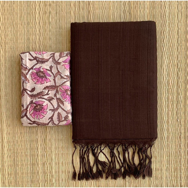 BLOOMING BRAUN AND PINK COLOUR TRADITIONAL LOOKING CHANDERI COTTON SAREE