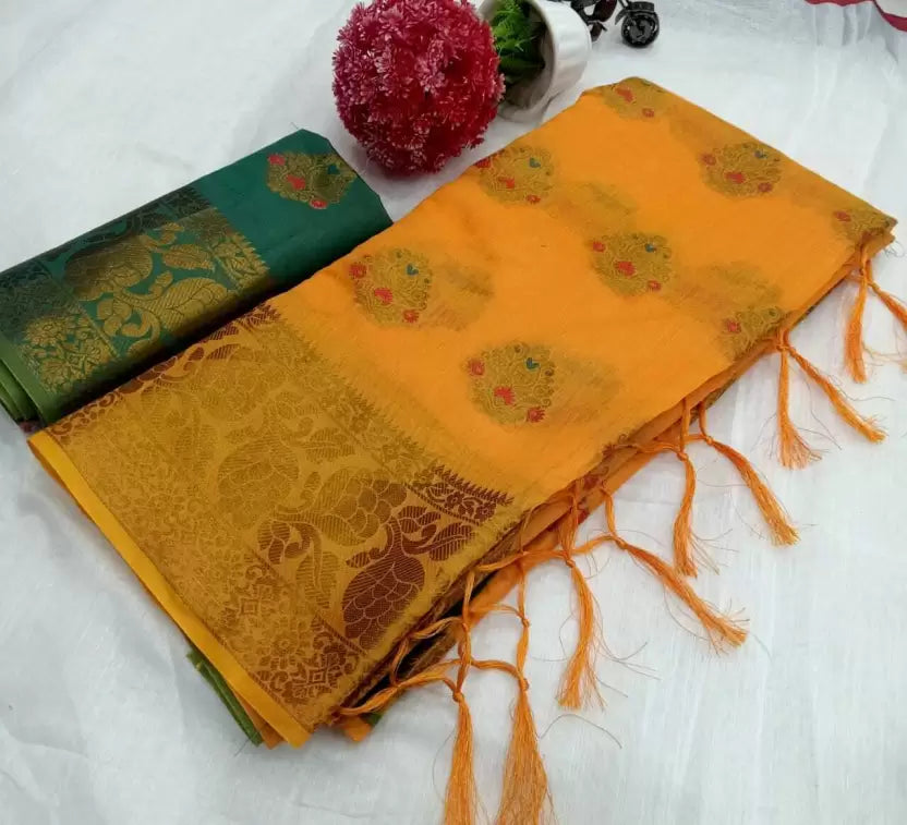 Woven Kanjivaram Pure Silk, Cotton Silk Saree (Green, Orange)