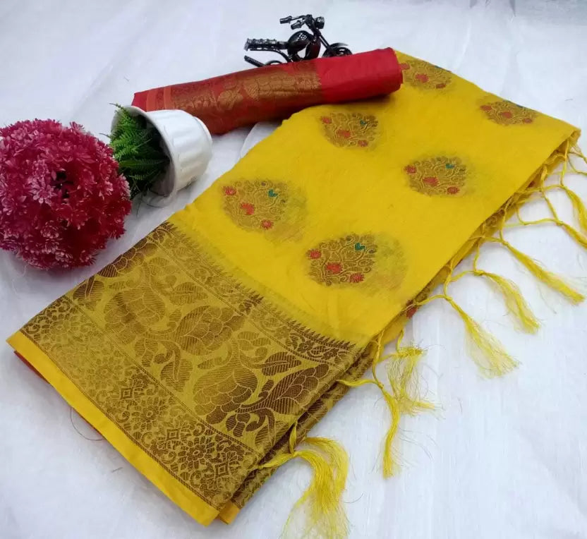 Woven Kanjivaram Pure Silk, Cotton Silk Saree (Green, Pink)