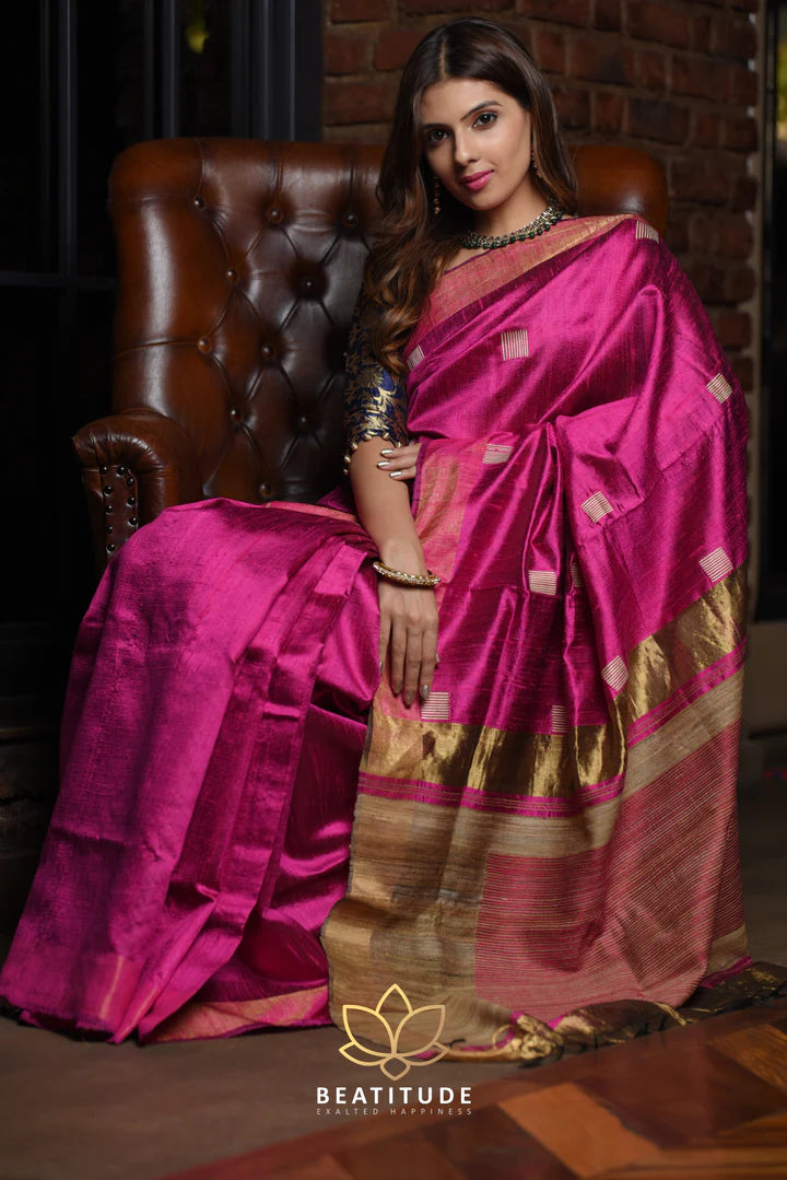 Pink Handwoven Tussar Raw Silk Saree