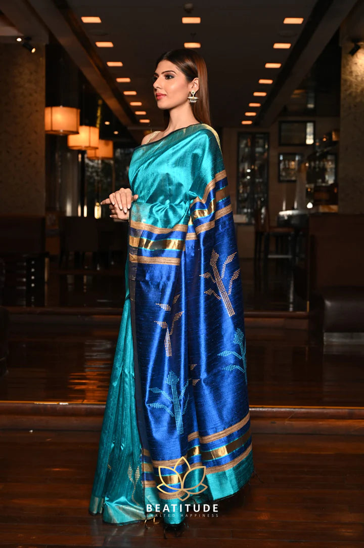 Blue Handwoven Dupion Raw Sik Saree