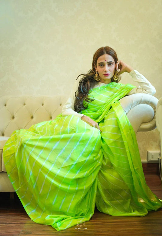 Green Printed Leheriya Uppada Silk Saree