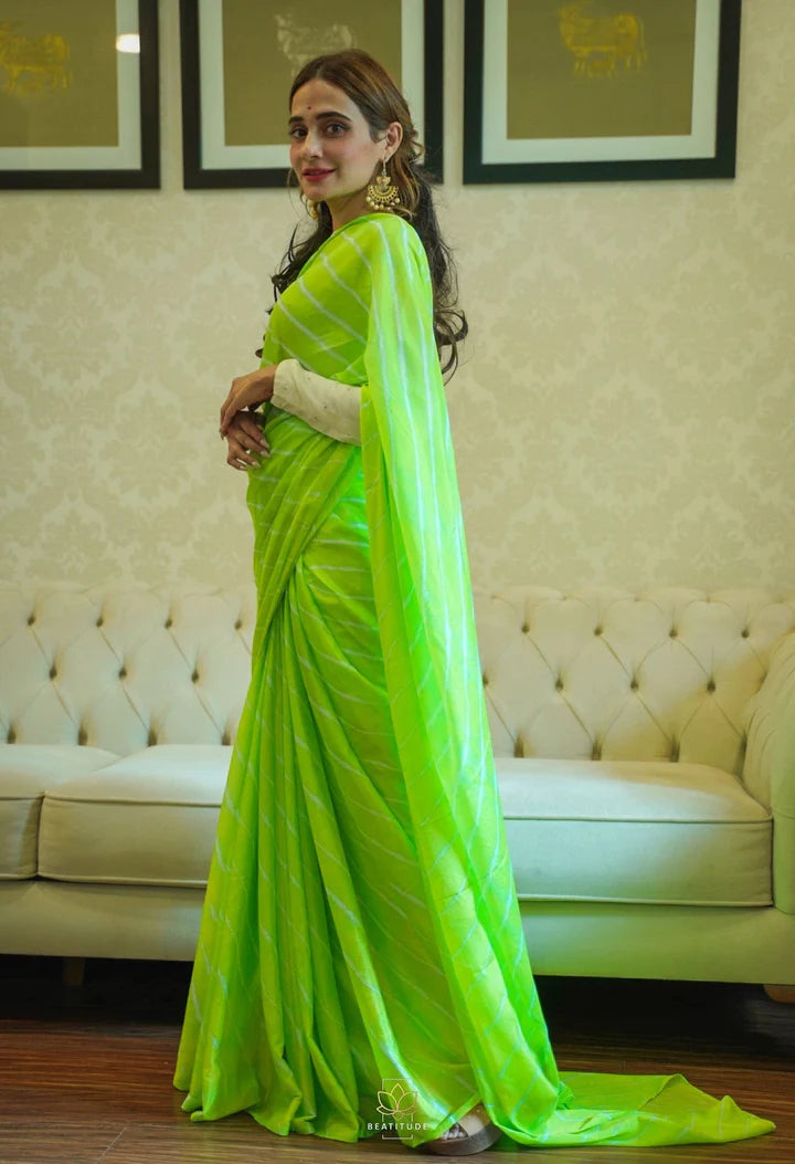 Green Printed Leheriya Uppada Silk Saree