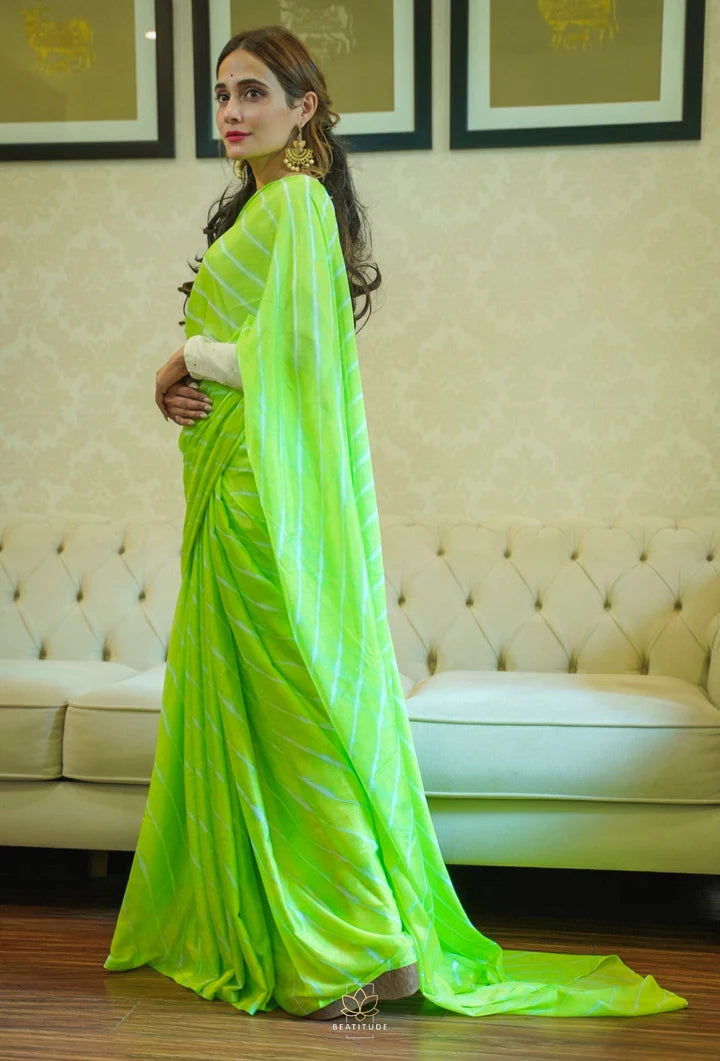 Green Printed Leheriya Uppada Silk Saree