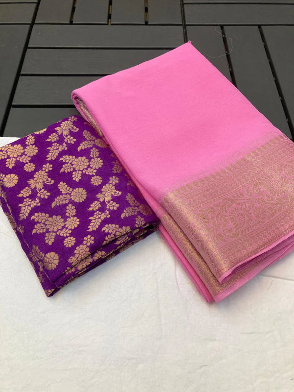 PURE CHIFFON JACQUARD BORDER WITH PALLU PINK SAREE