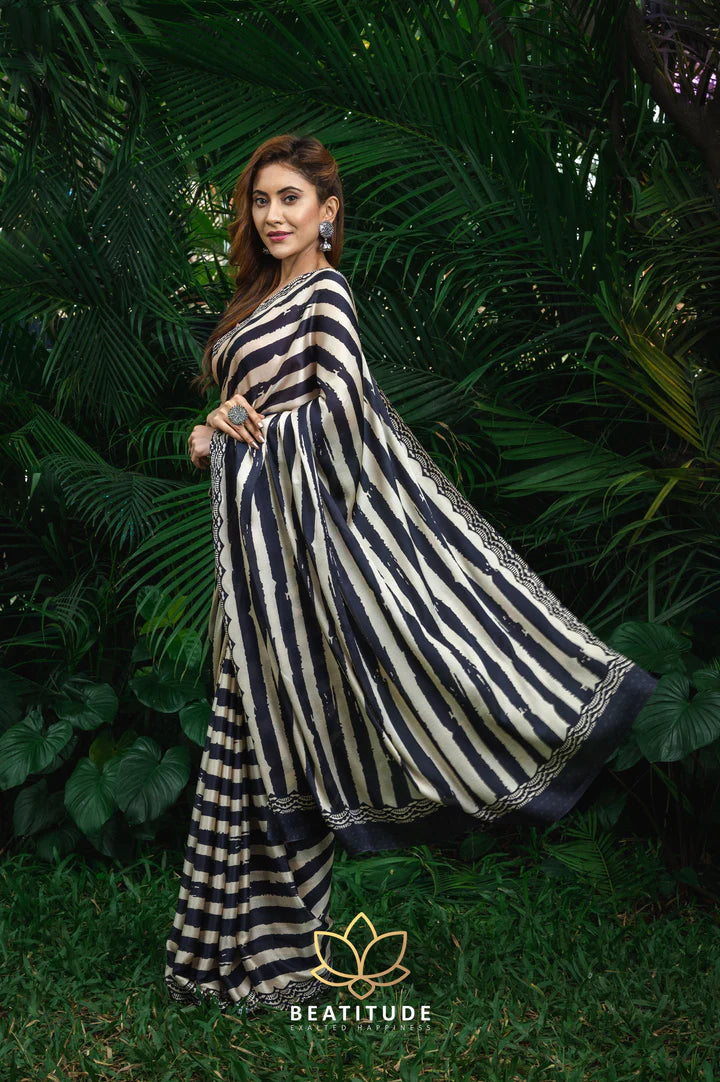 Multi-Color Printed Stripes Satin Silk Saree