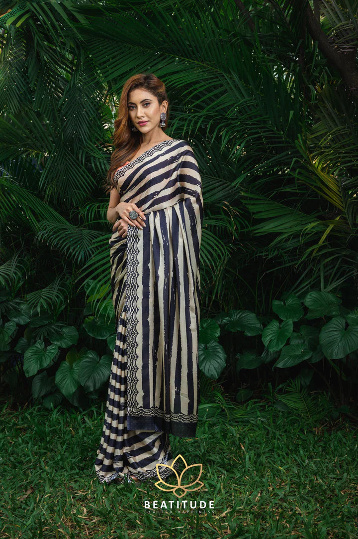 Multi-Color Printed Stripes Satin Silk Saree