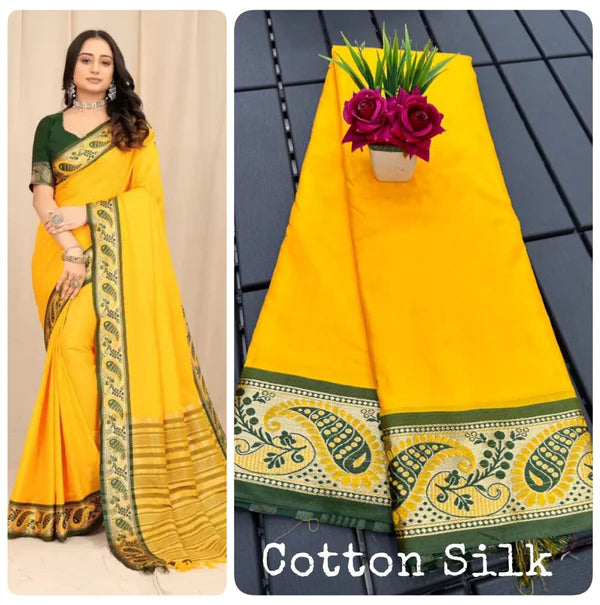 PURE MERCERIZED YELLOW COTTON SILK SAREE