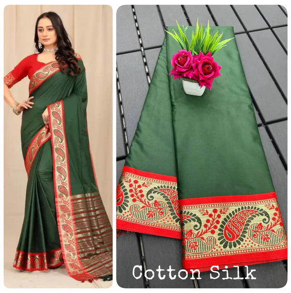 PURE MERCERIZED DARK GREEN COTTON SILK SAREE