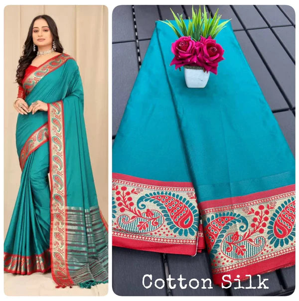 PURE MERCERIZED TURQUOISE COTTON SILK SAREE