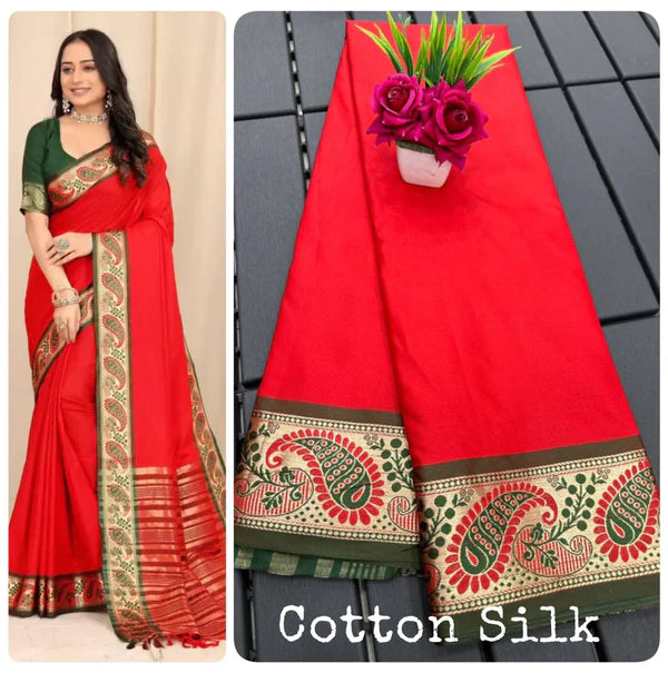 PURE MERCERIZED RED COTTON SILK SAREE