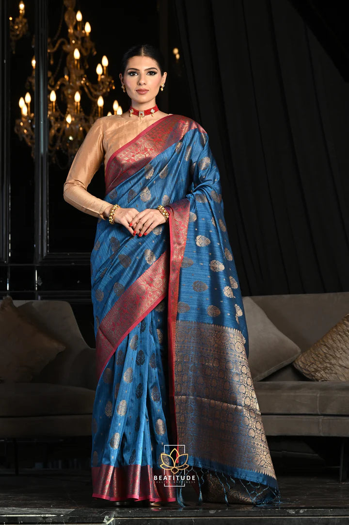 Blue Woven Banarasi Soft Slub Silk Saree