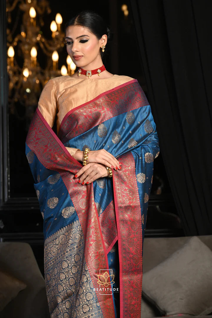 Blue Woven Banarasi Soft Slub Silk Saree