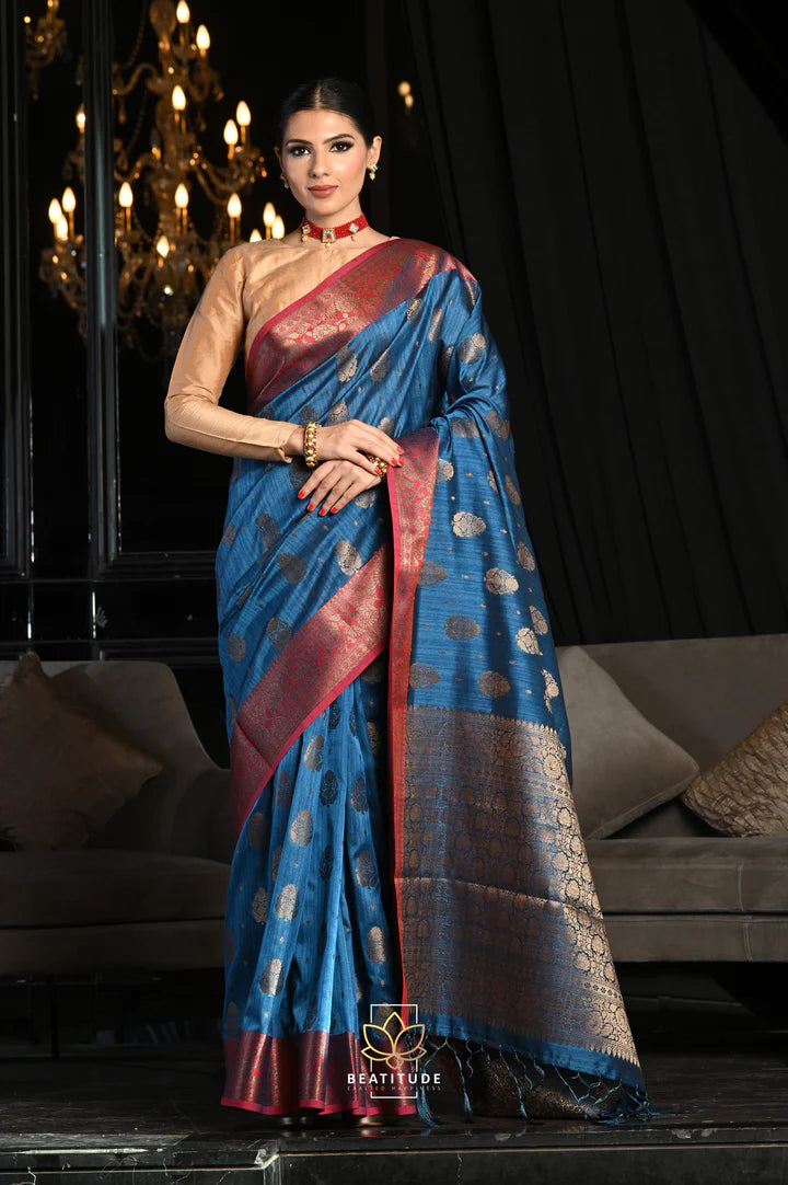 Blue Woven Banarasi Soft Slub Silk Saree