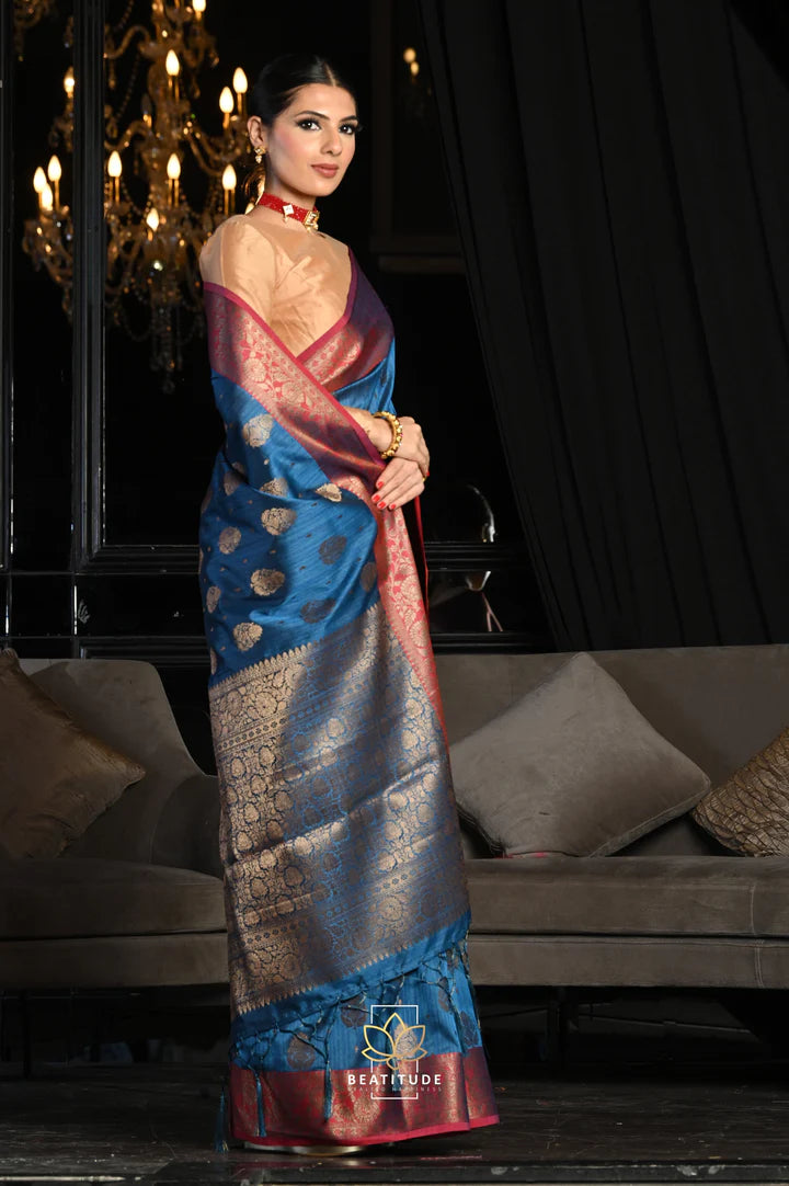 Blue Woven Banarasi Soft Slub Silk Saree