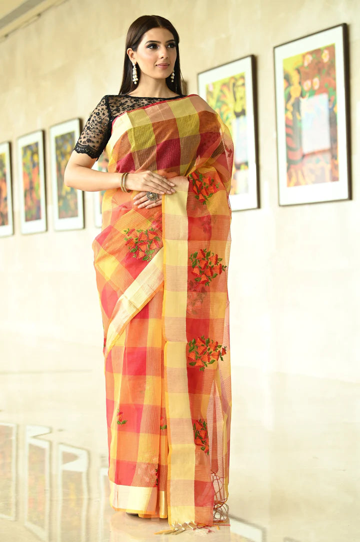 Multi-Color Hand Embroidered Kota Silk Saree