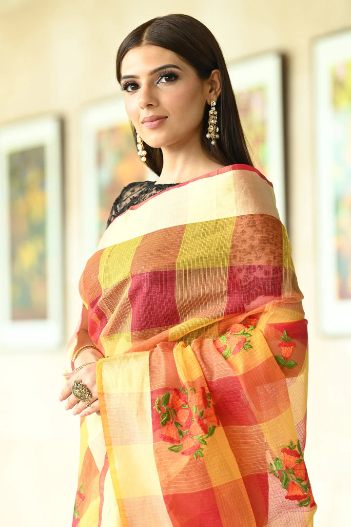 Multi-Color Hand Embroidered Kota Silk Saree