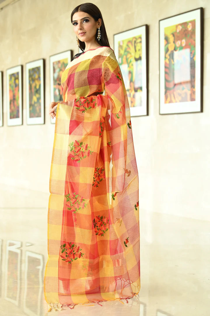 Multi-Color Hand Embroidered Kota Silk Saree