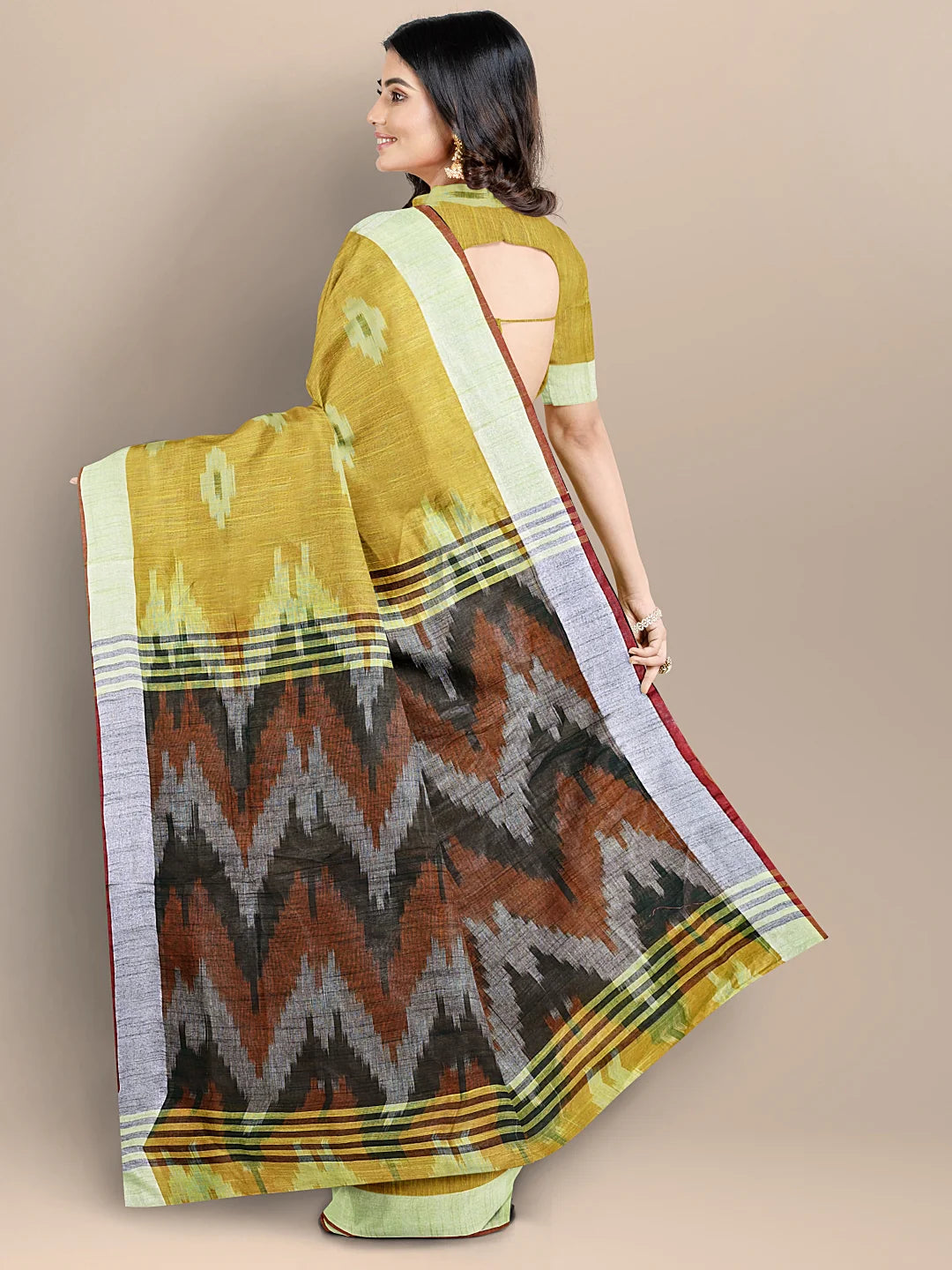 ORANGE COLOR PURE COTTON WOVEN DESIGN IKAT HANDLOOM SAREE