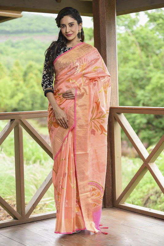 Peach Handwoven Banarasi Matka Silk Saree