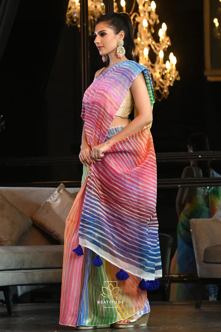 Multi-Color Handpainted Thread Work Organza Silk Saree