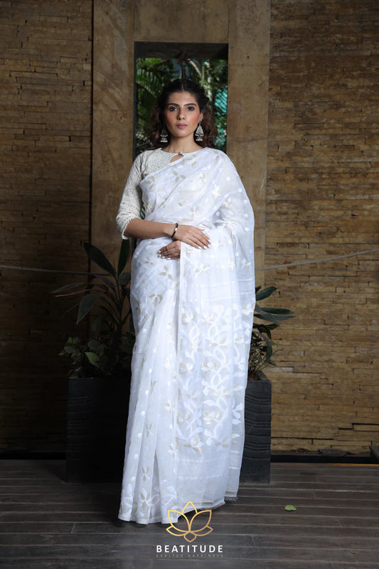 White Handwoven Jacquard Jamdani Saree