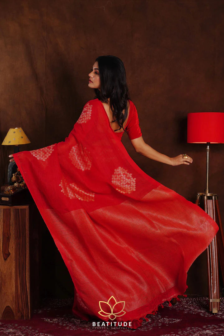 Red Handwoven Jamdani Linen Saree