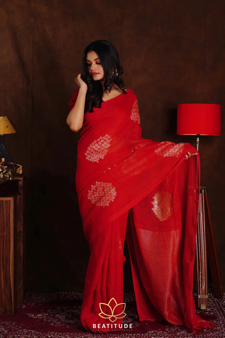 Red Handwoven Jamdani Linen Saree