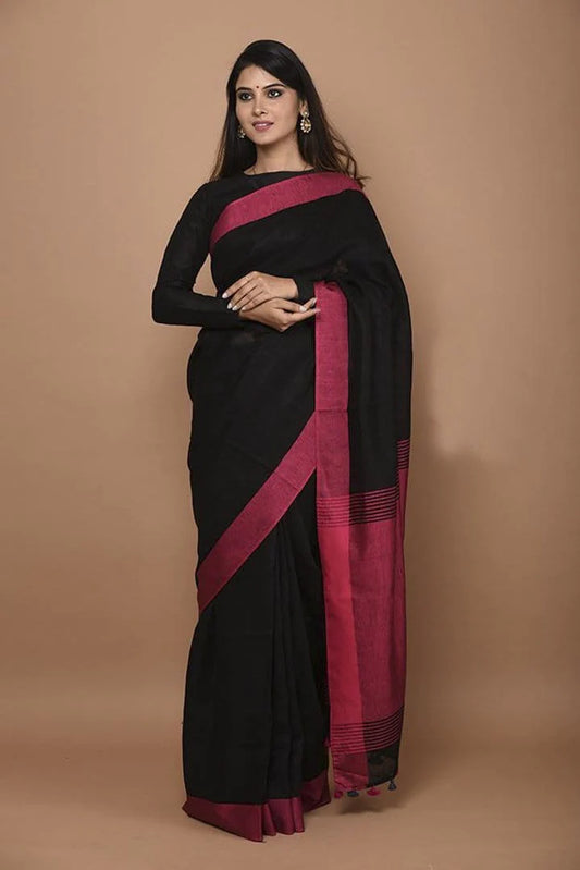 Black Handwoven Linen Saree