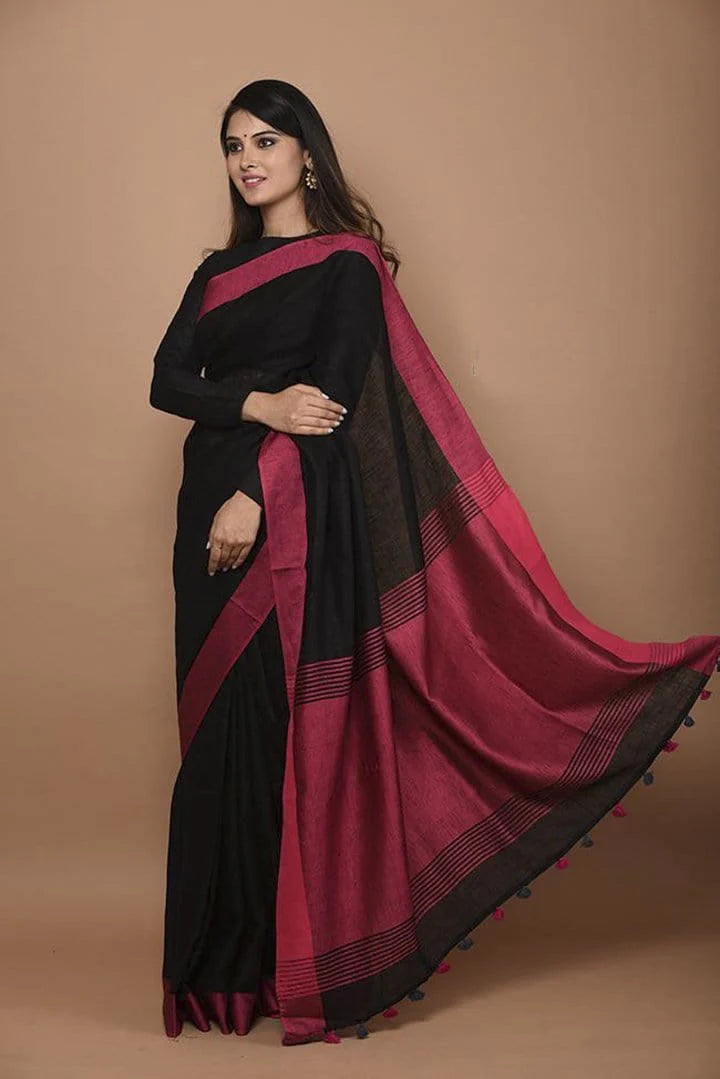 Black Handwoven Linen Saree