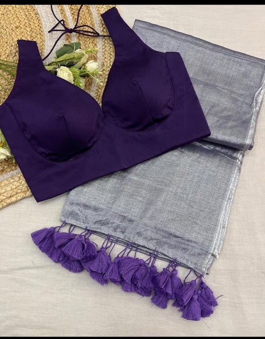 Slavia-Grey Mangalagiri Cotton Saree With Designer Blouse - PC-122