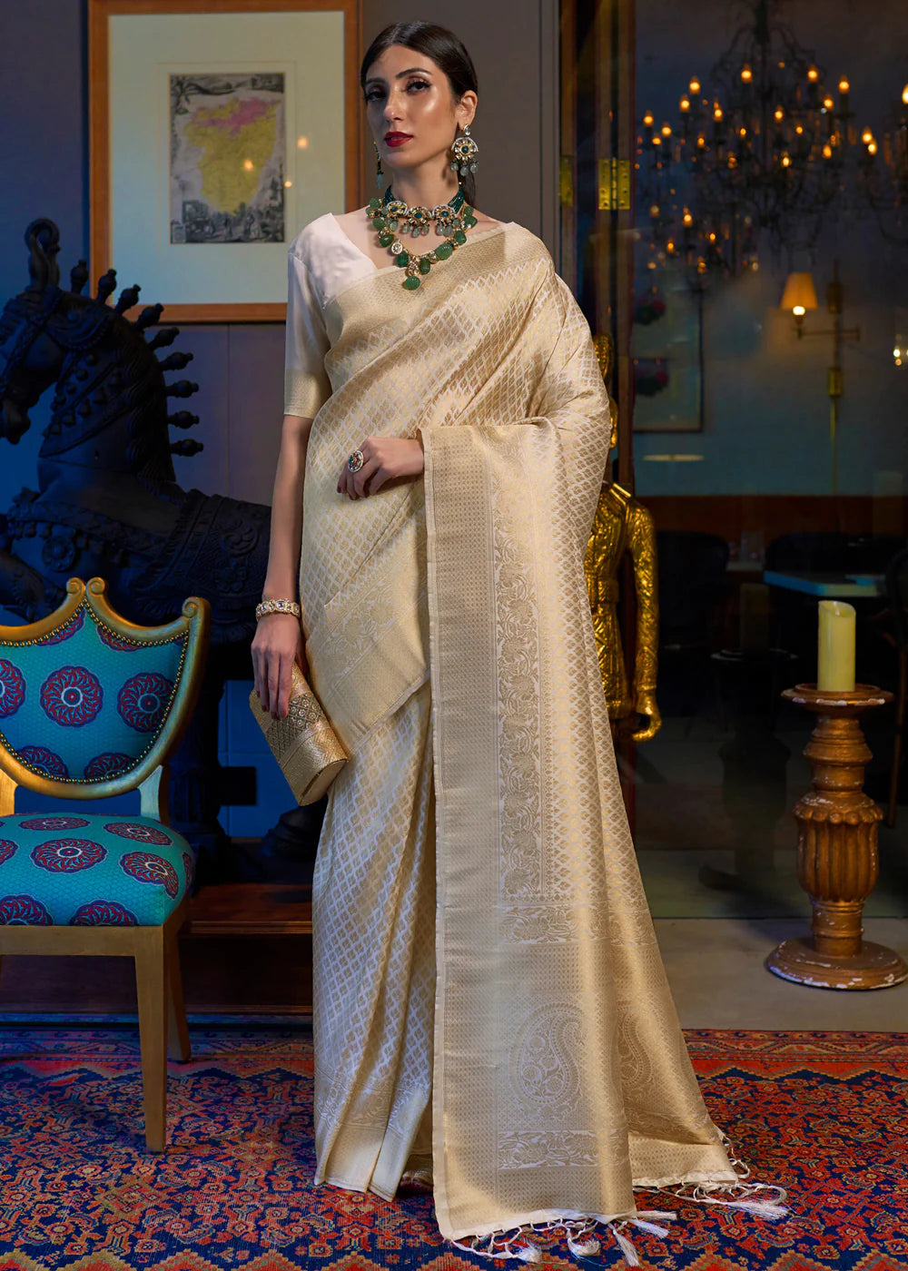 Royal Princess Golden White Woven Kanjivaram Saree