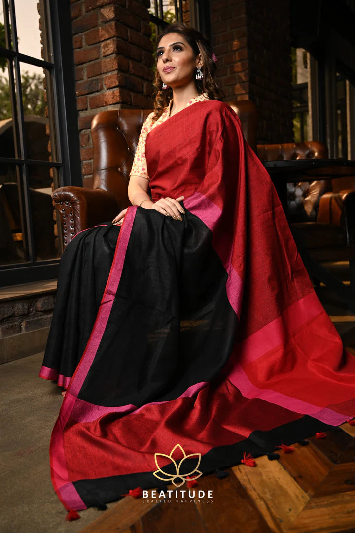 Black Handwoven Linen Saree