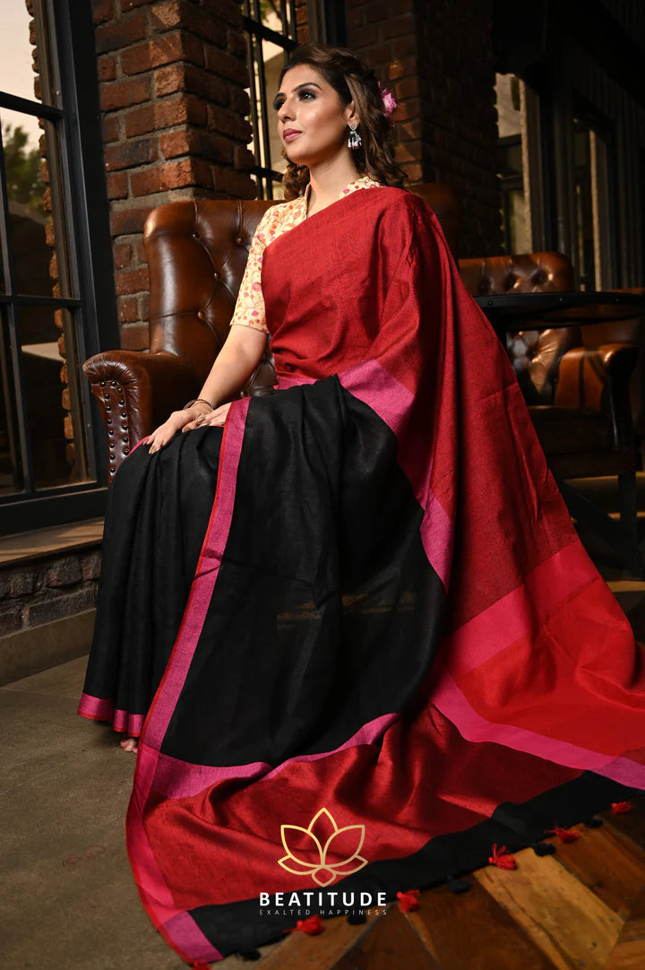 Black Handwoven Linen Saree