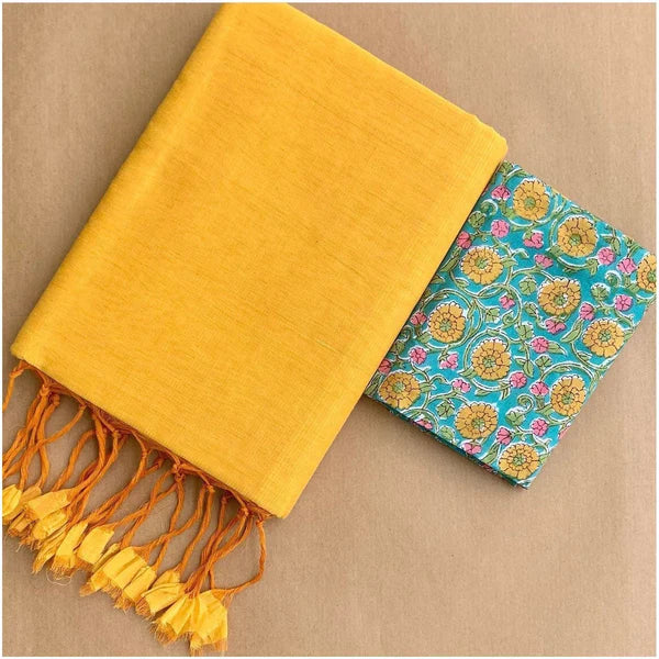 FLATTERING YELLOW TRADITIONAL LOOKING CHANDERI COTTON SAREE