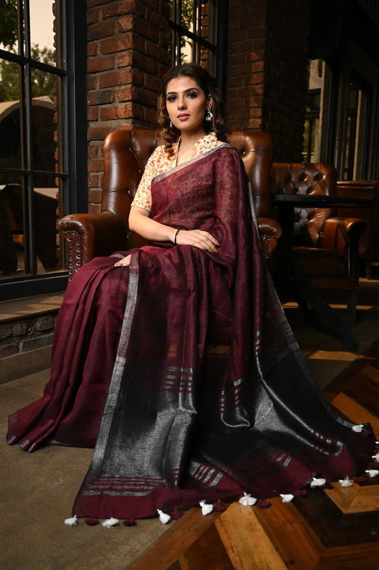 Wine Shade Handwoven Linen Saree