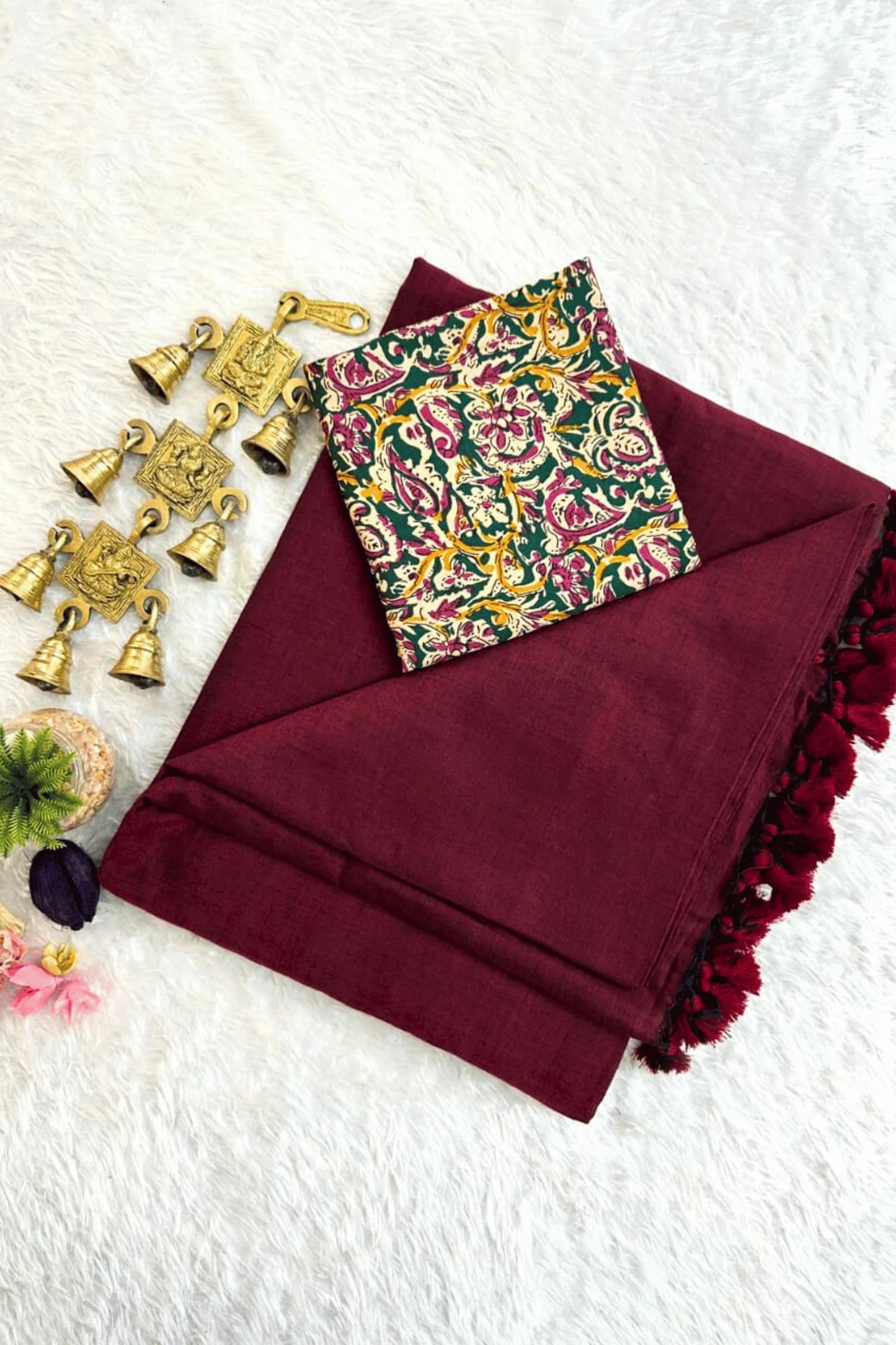 Attractive Marron Cotton Plain Saree with Designer Blouse