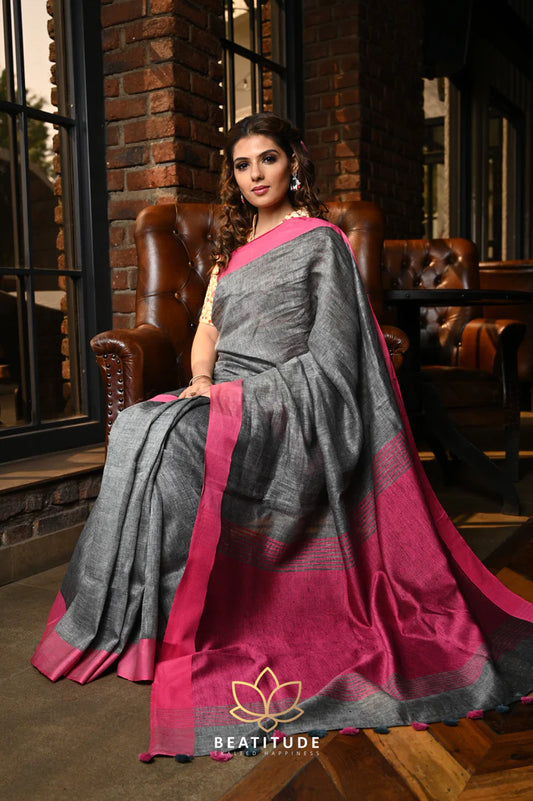 Grey Handwoven Linen Saree