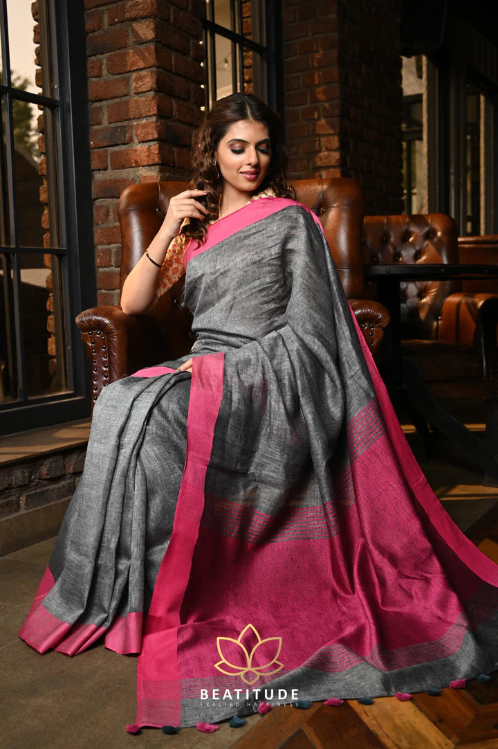 Grey Handwoven Linen Saree