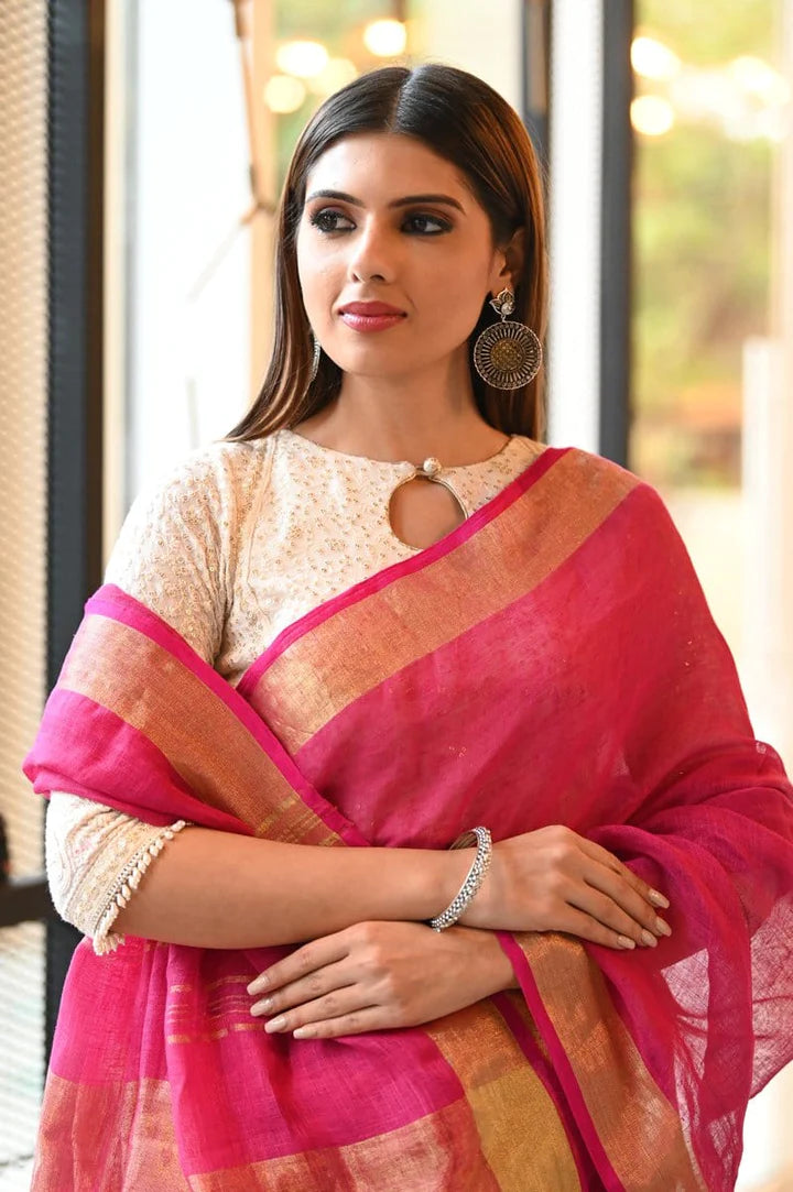 Pink Shade Linen Handwoven Saree