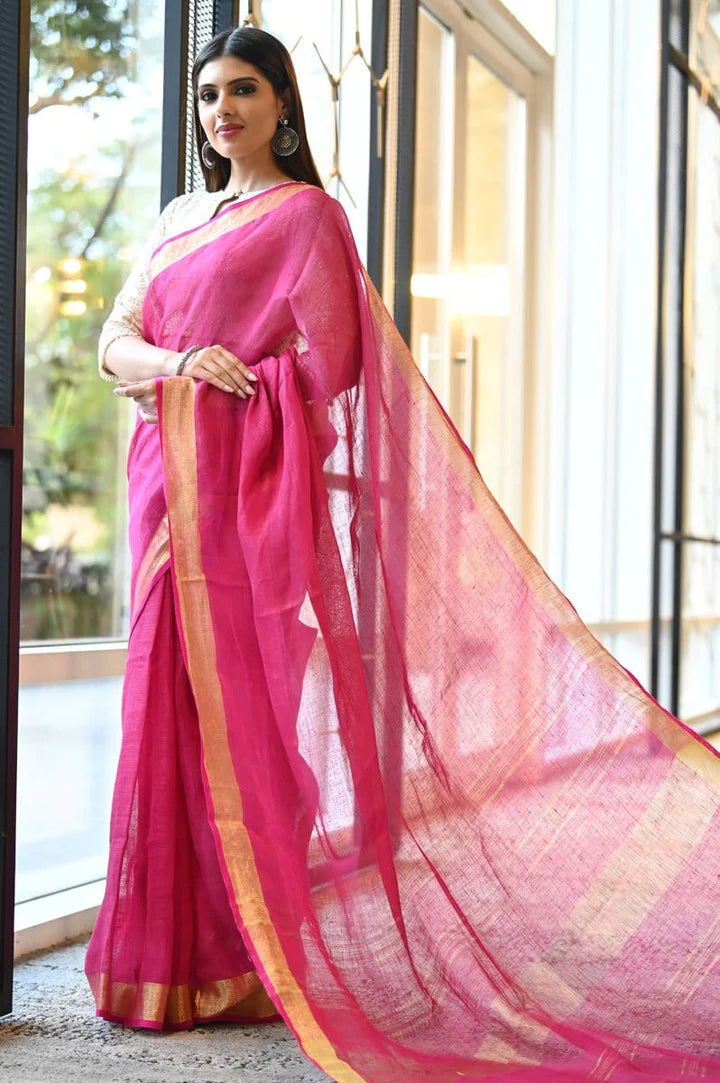 Pink Shade Linen Handwoven Saree