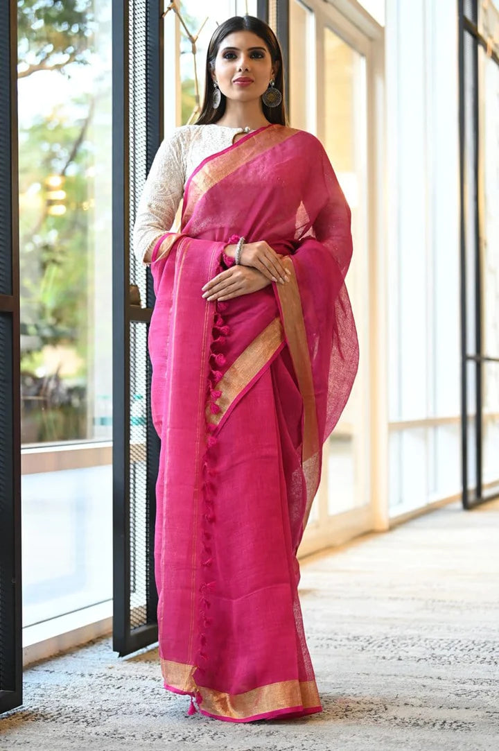 Pink Shade Linen Handwoven Saree