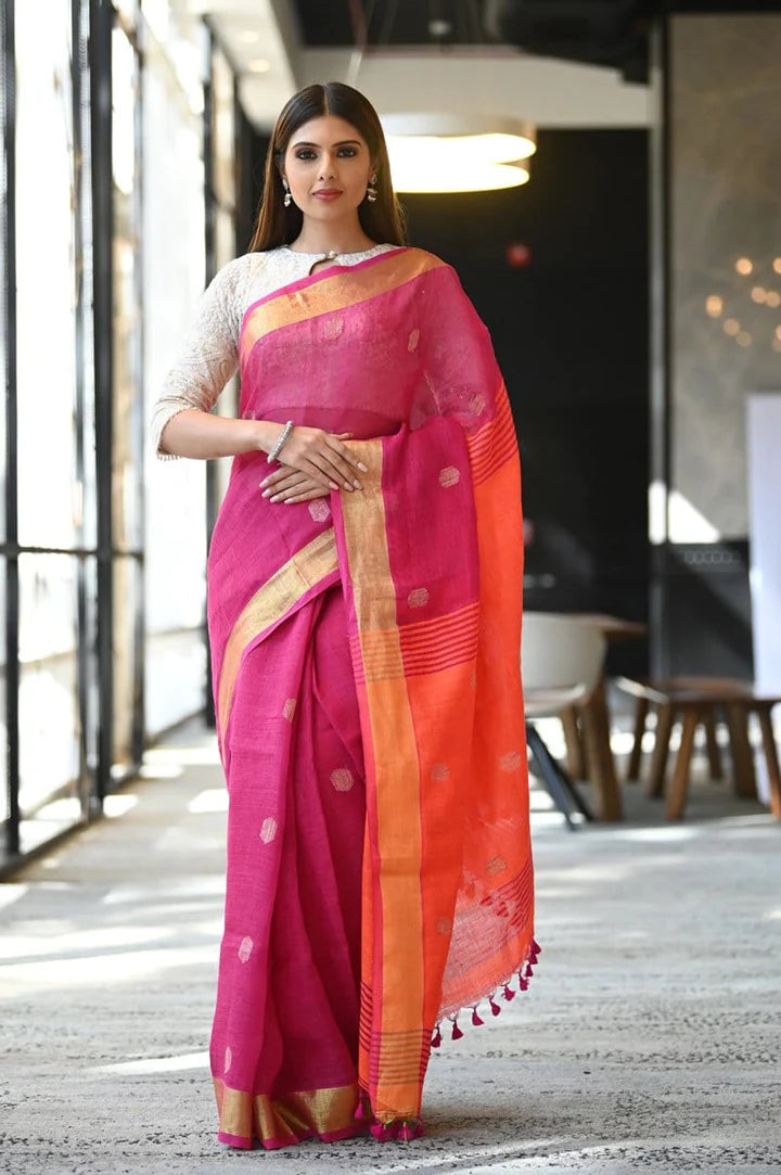 Pink Shade Handwoven Linen Saree