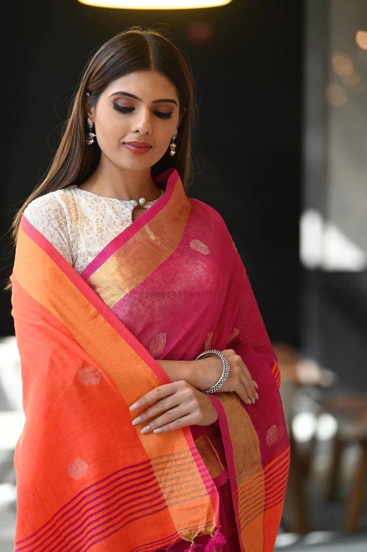 Pink Shade Handwoven Linen Saree