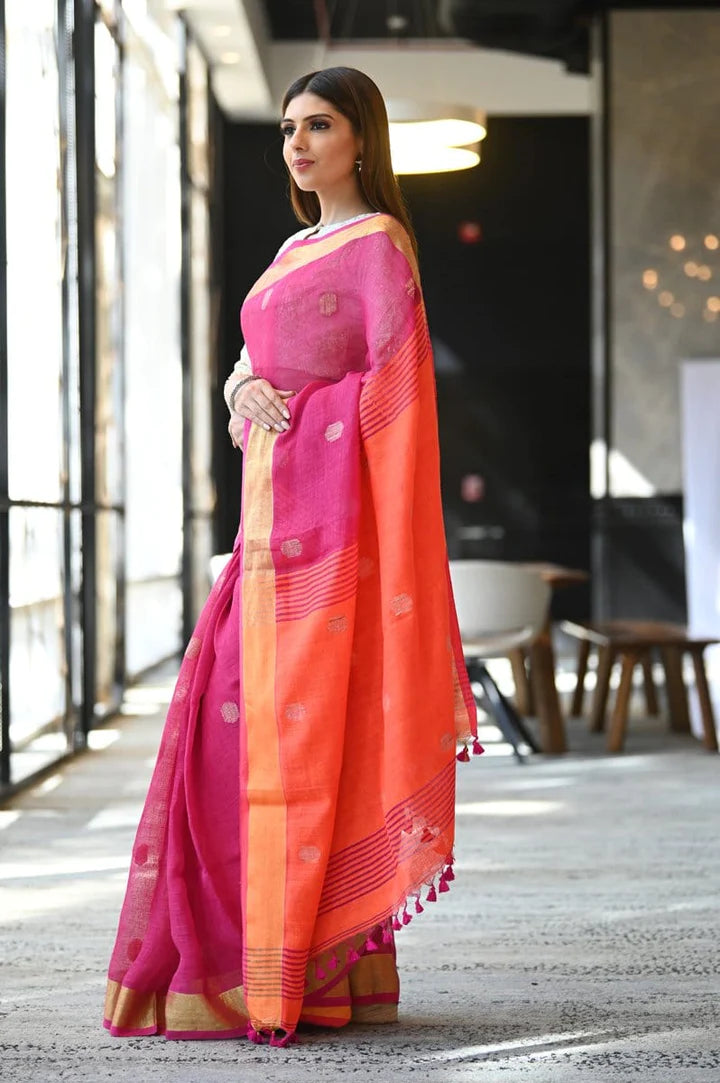 Pink Shade Handwoven Linen Saree