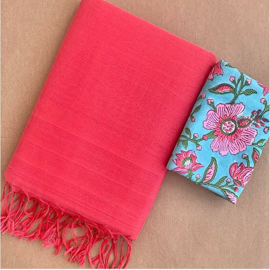 TRENDY PINK COLOUR TRADITIONAL LOOKING CHANDERI COTTON SAREE