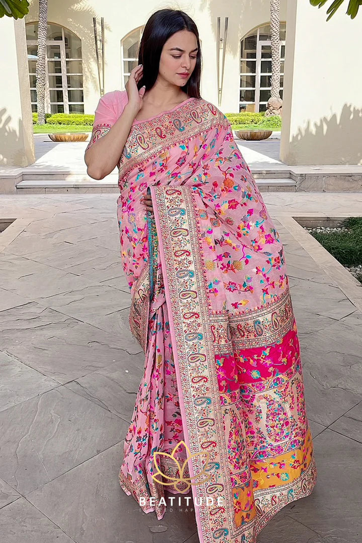 Peachish Kashmiri Weaving Soft Modal Silk Saree