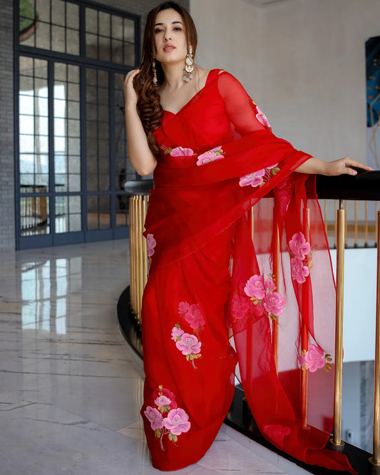 RED OLD LOVE EMBELLISHED HANDPAINTED ORGANZA SILK SAREE