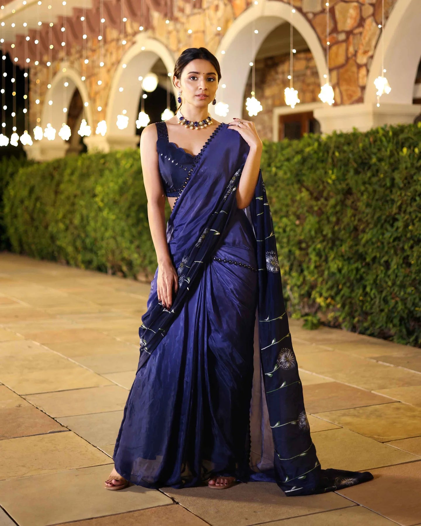 SWISH BLUE OMBRE MIRROR WORK HANDPAINTED SILK PRE DRAPED SAREE