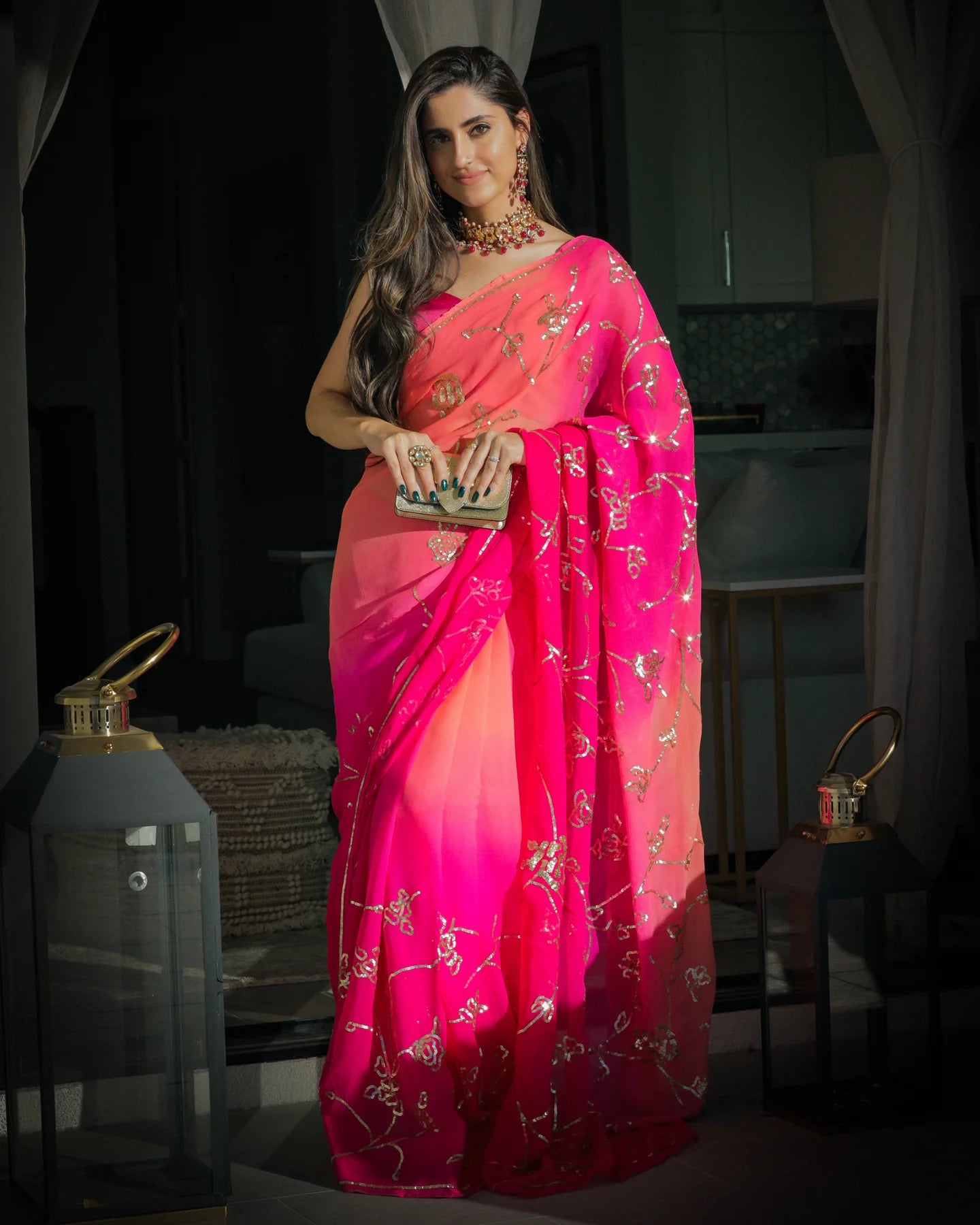 PERSIAN PINK PURE CHIFFON SAREE